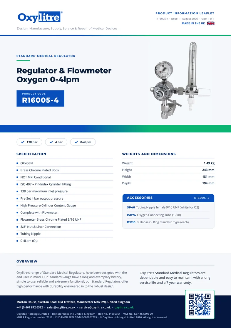 Front page of the Oxylitre R16005-4 product leaflet