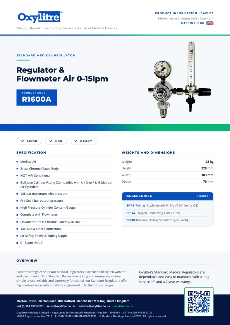 Front page of the Oxylitre R1600A product leaflet
