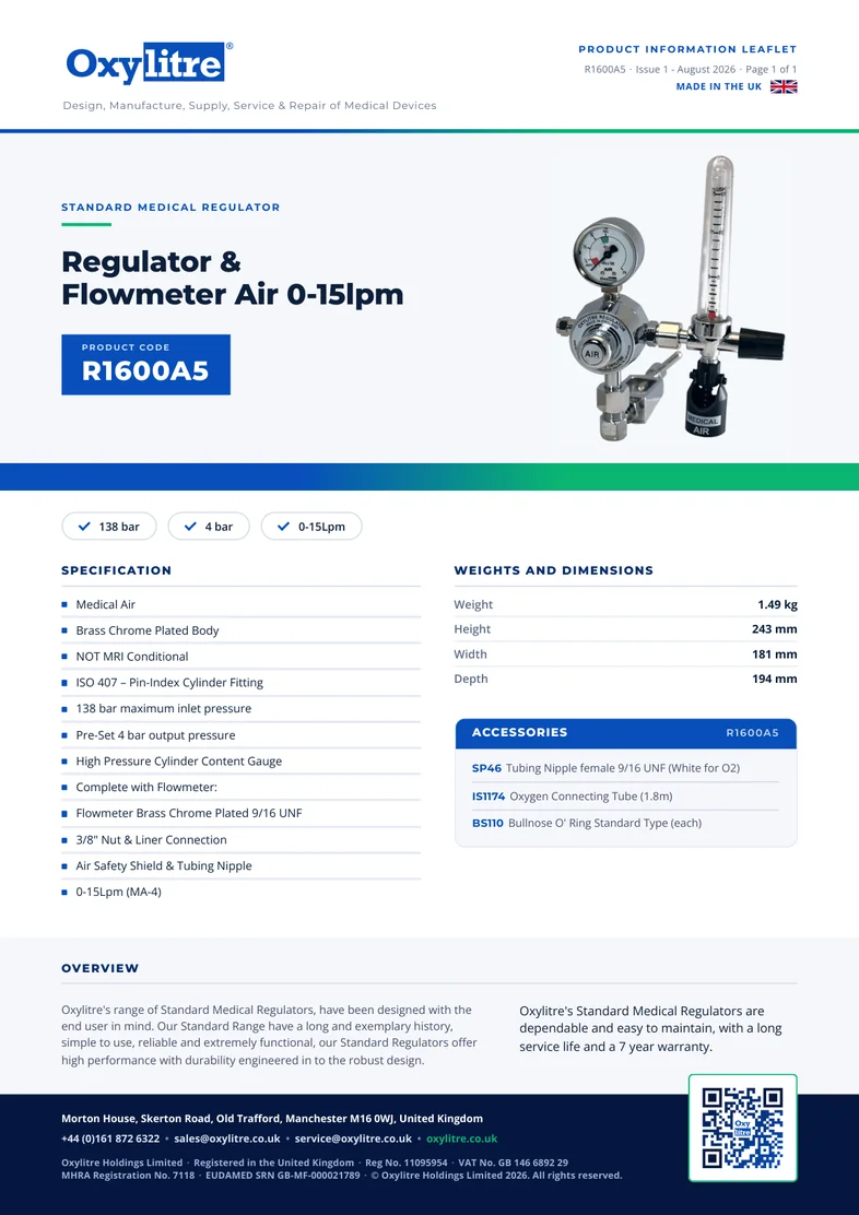 Front page of the Oxylitre R1600A5 product leaflet