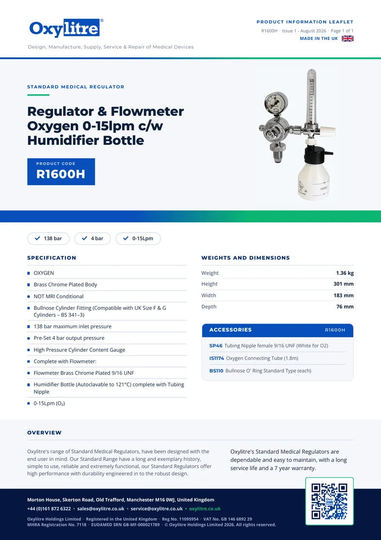 Front page of the Oxylitre R1600H product leaflet