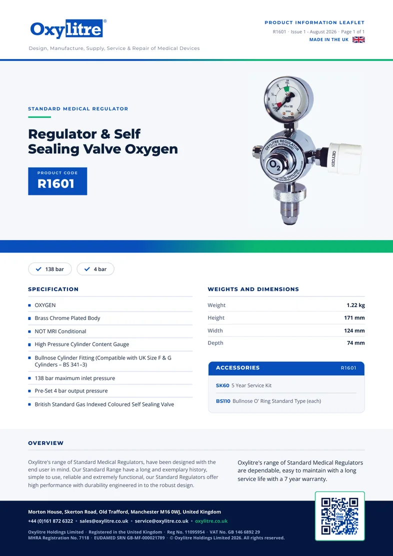 Front page of the Oxylitre R1601 product leaflet