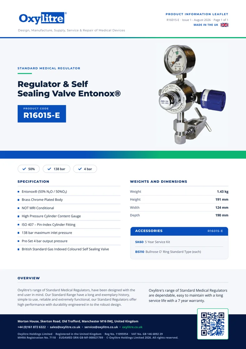 Front page of the Oxylitre R16015-E product leaflet