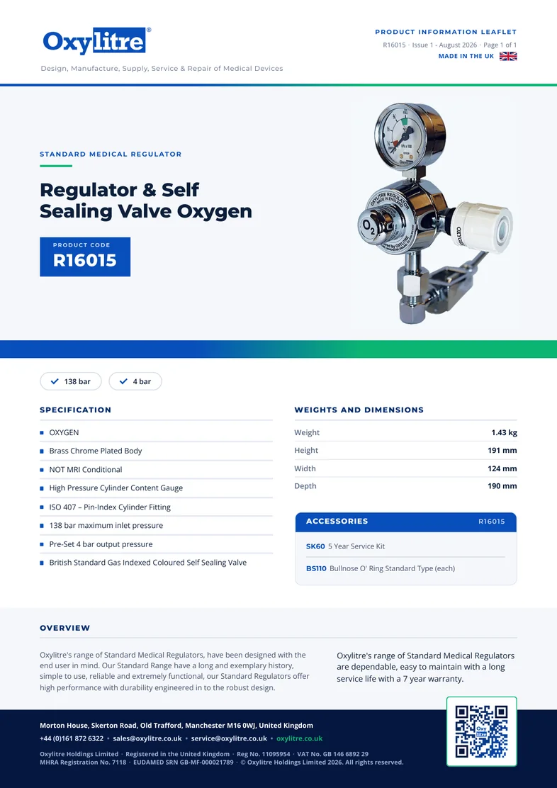 Front page of the Oxylitre R16015 product leaflet