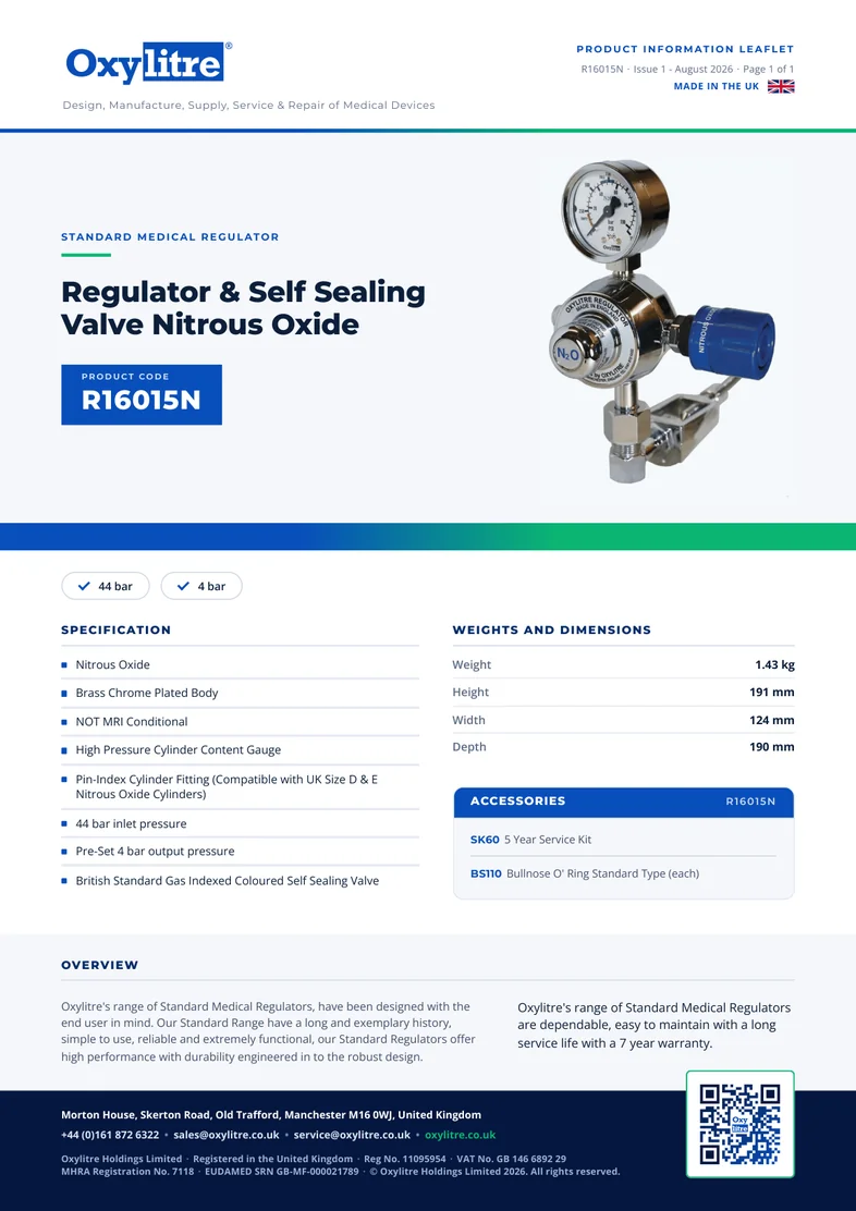 Front page of the Oxylitre R16015N product leaflet
