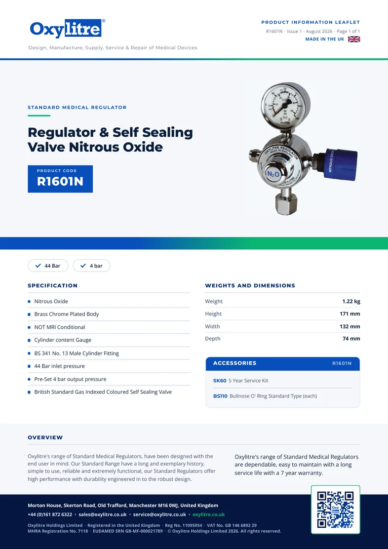 Front page of the Oxylitre R1601N product leaflet