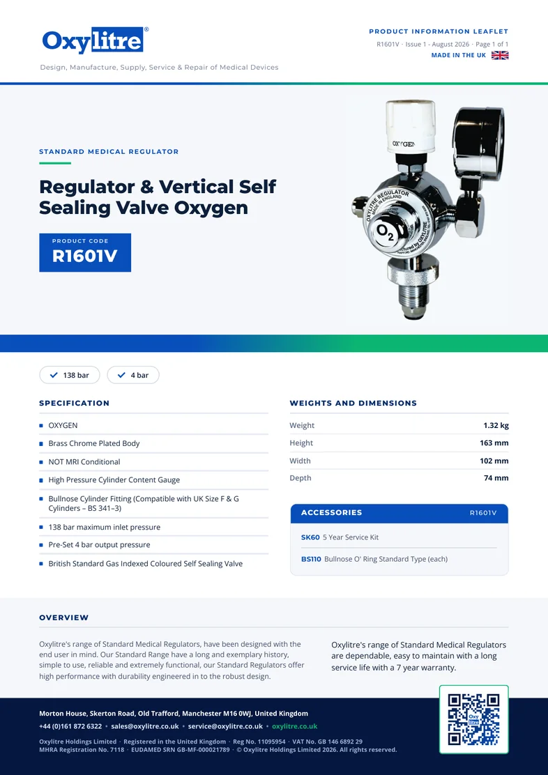 Front page of the Oxylitre R1601V product leaflet