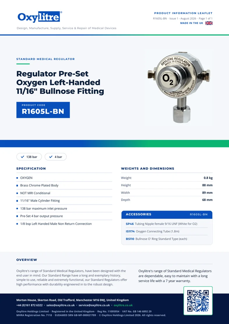 Front page of the Oxylitre R1605L-BN product leaflet