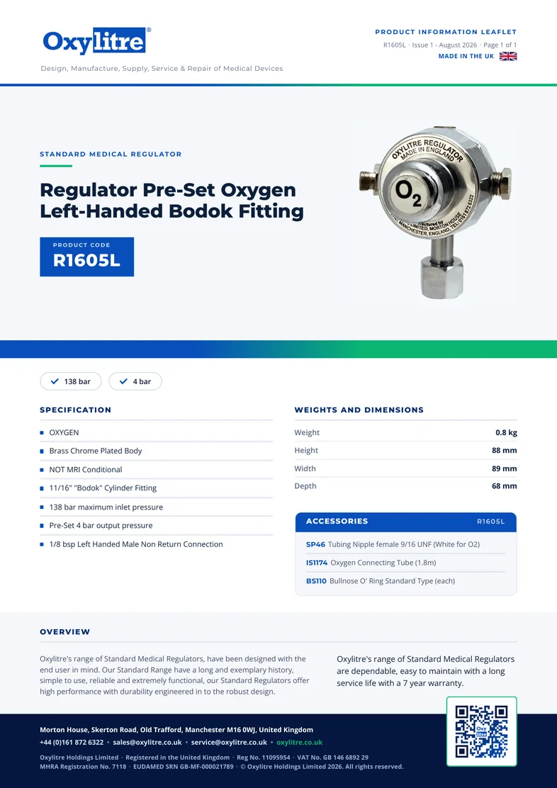 Front page of the Oxylitre R1605L product leaflet