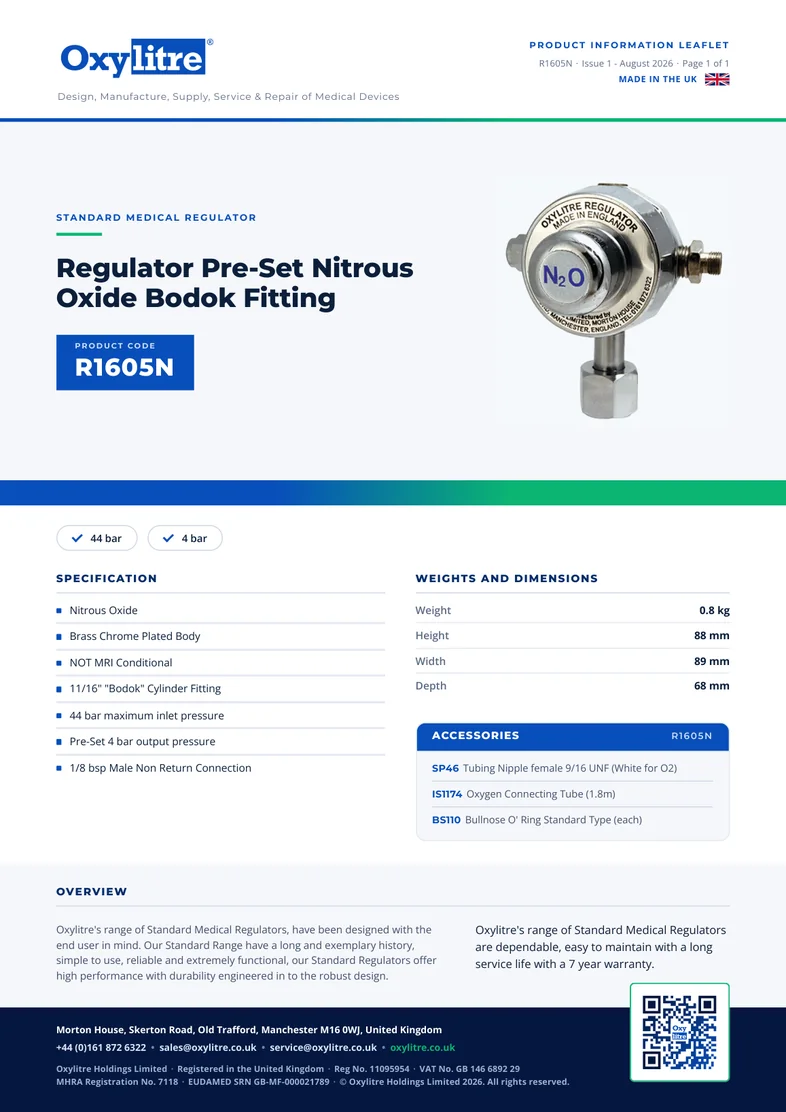 Front page of the Oxylitre R1605N product leaflet