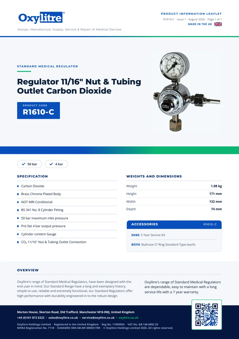 Front page of the Oxylitre R1610-C product leaflet