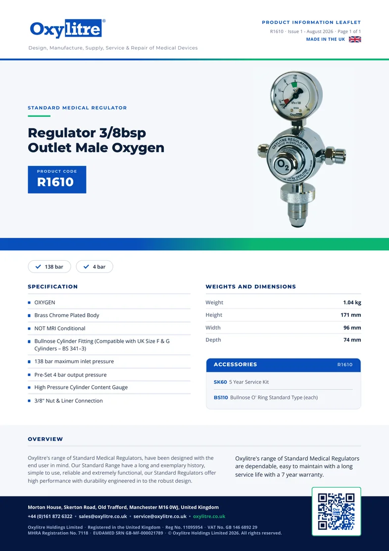 Front page of the Oxylitre R1610 product leaflet