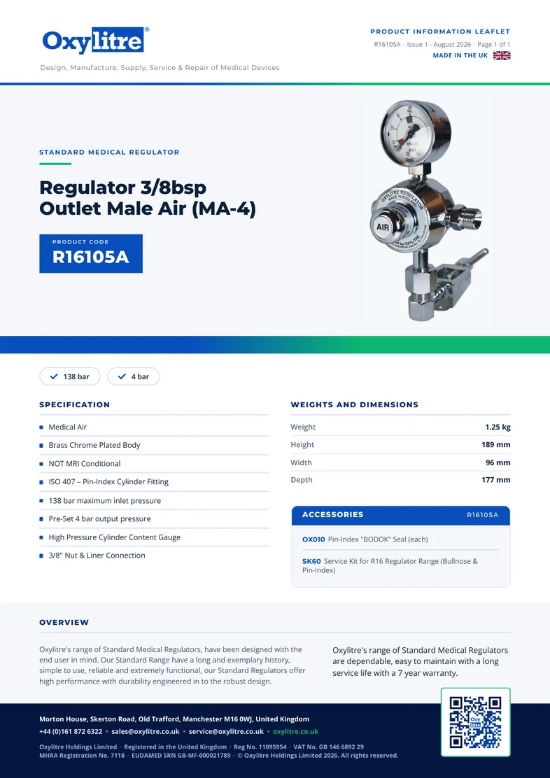 Front page of the Oxylitre R16105A product leaflet