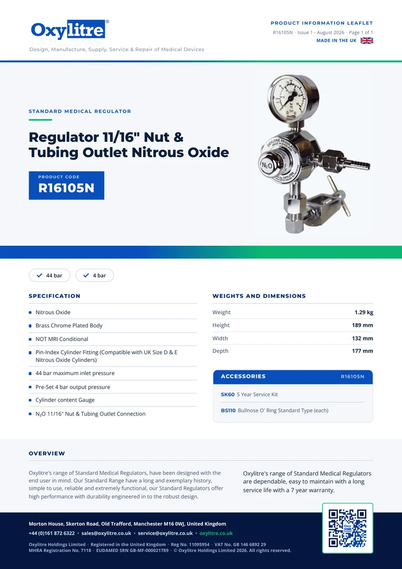 Front page of the Oxylitre R16105N product leaflet