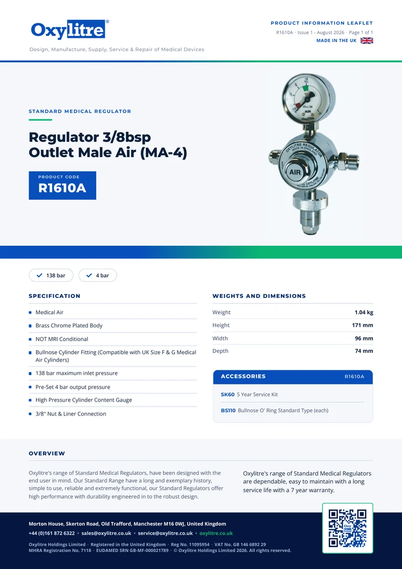 Front page of the Oxylitre R1610A product leaflet