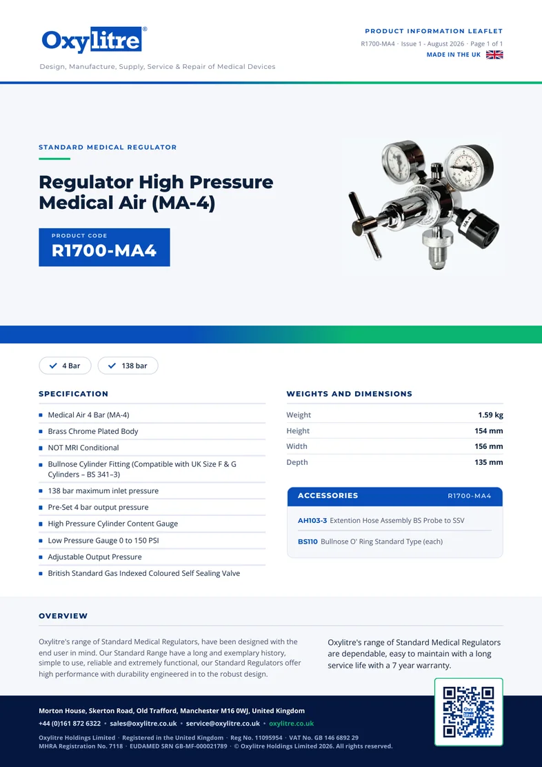 Front page of the Oxylitre R1700-MA4 product leaflet