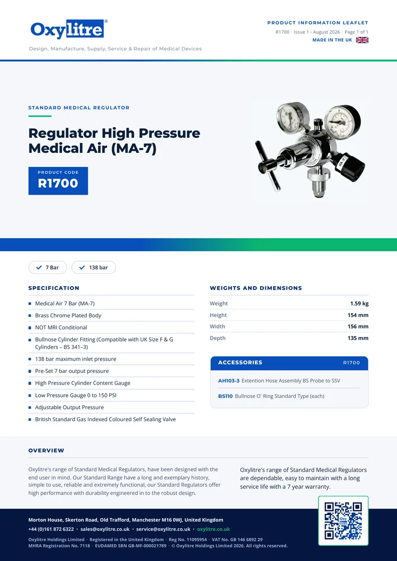 Front page of the Oxylitre R1700 product leaflet