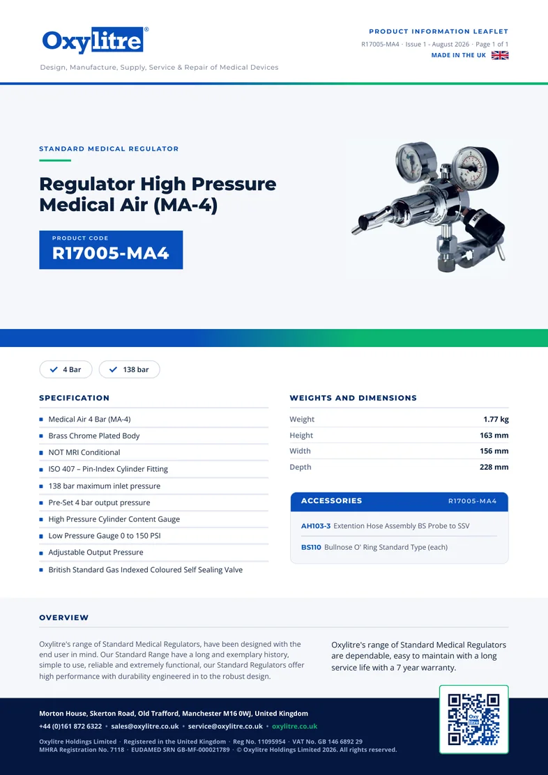 Front page of the Oxylitre R17005-MA4 product leaflet