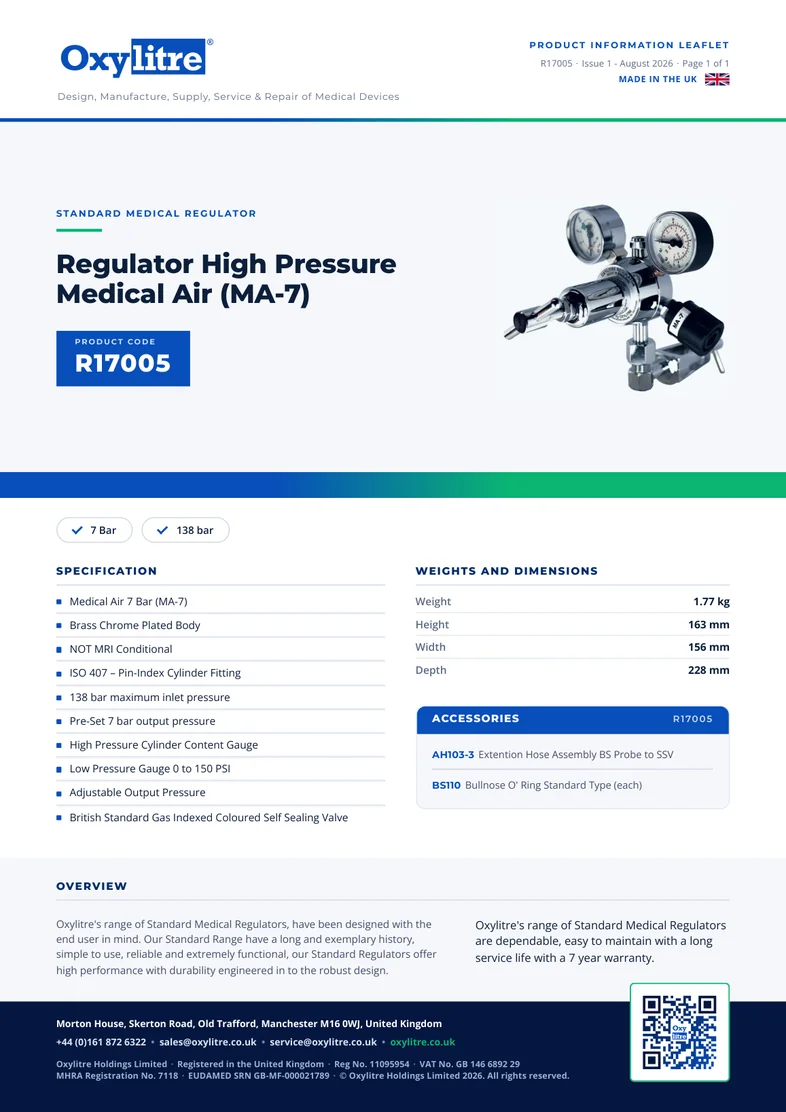 Front page of the Oxylitre R17005 product leaflet