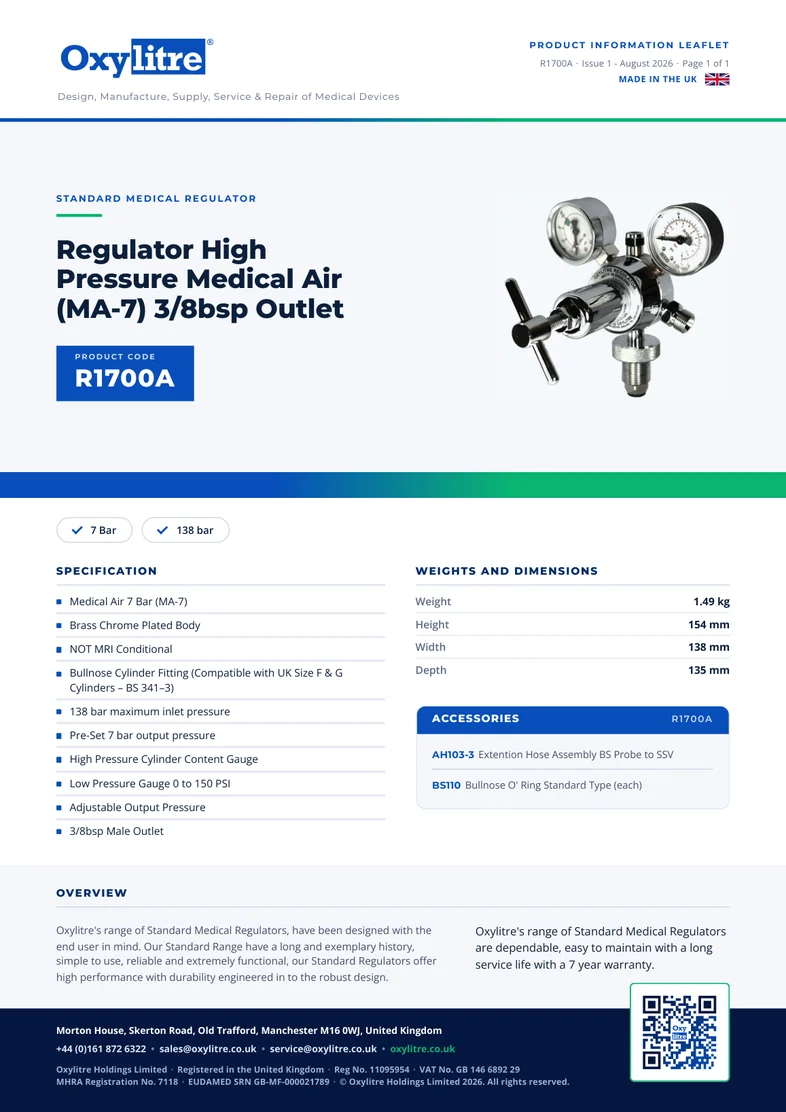 Front page of the Oxylitre R1700A product leaflet