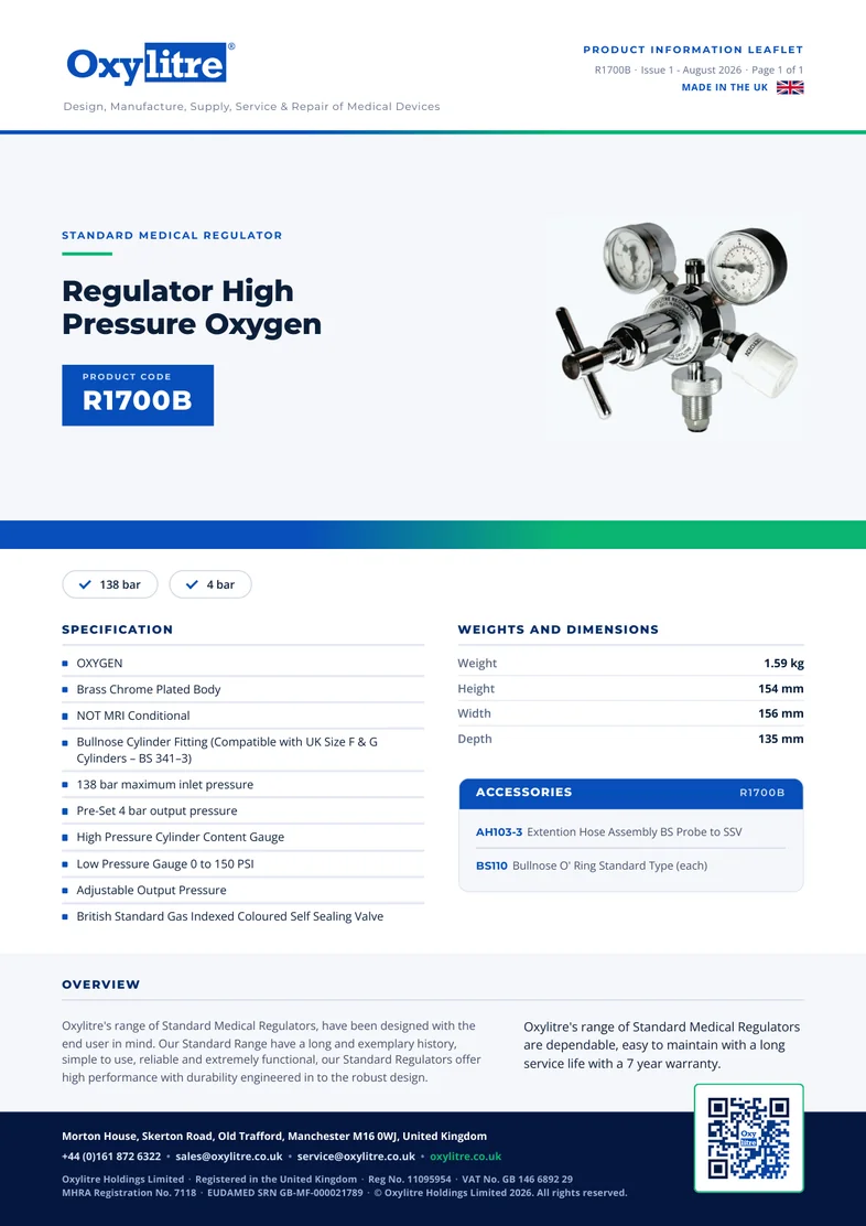 Front page of the Oxylitre R1700B product leaflet