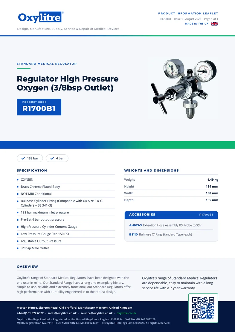 Front page of the Oxylitre R1700B1 product leaflet