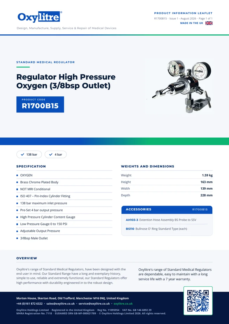 Front page of the Oxylitre R1700B15 product leaflet
