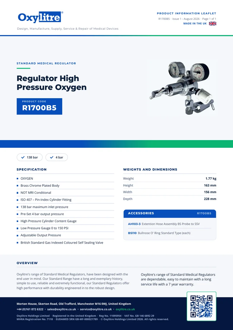 Front page of the Oxylitre R1700B5 product leaflet