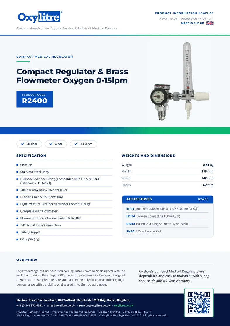 Front page of the Oxylitre R2400 product leaflet