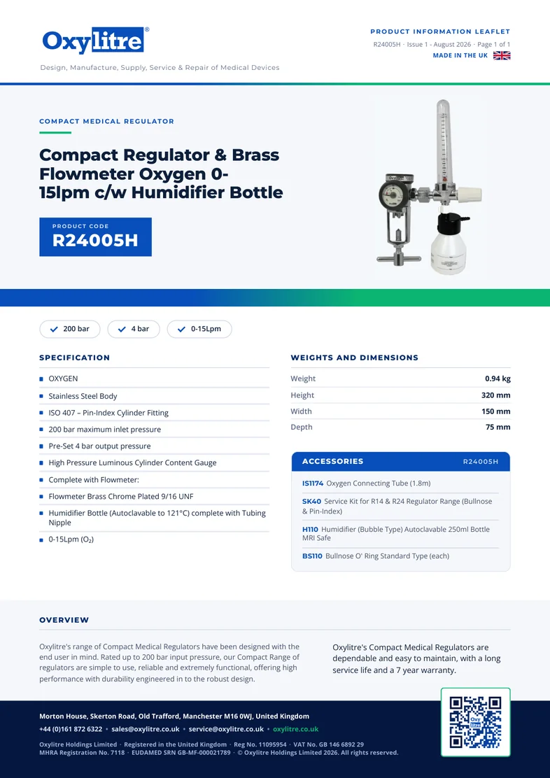 Front page of the Oxylitre R24005H product leaflet