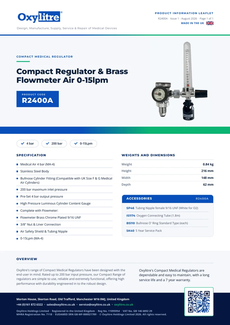 Front page of the Oxylitre R2400A product leaflet