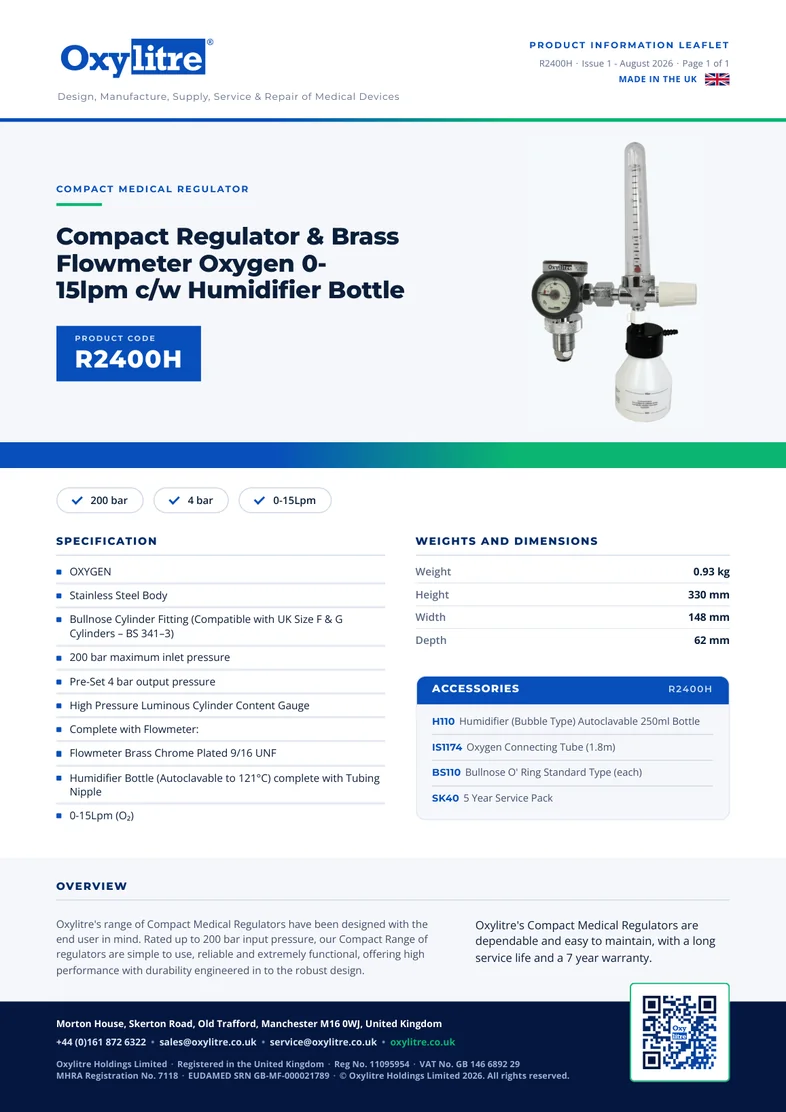 Front page of the Oxylitre R2400H product leaflet