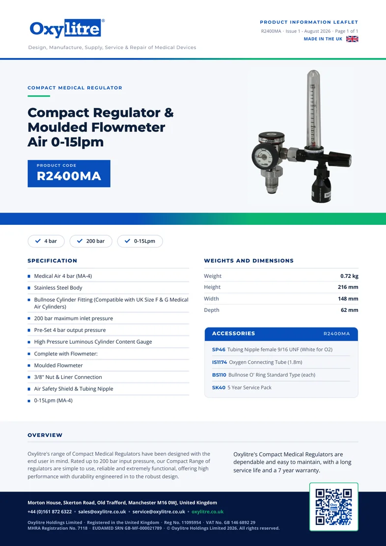 Front page of the Oxylitre R2400MA product leaflet