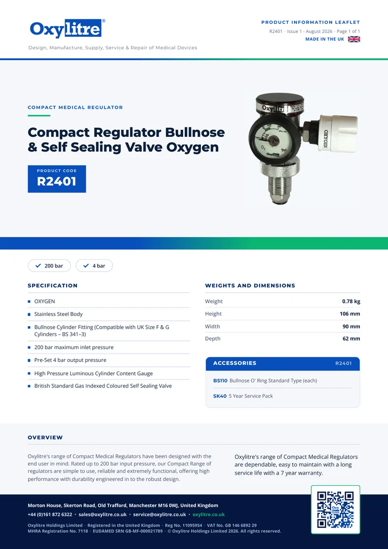 Front page of the Oxylitre R2401 product leaflet