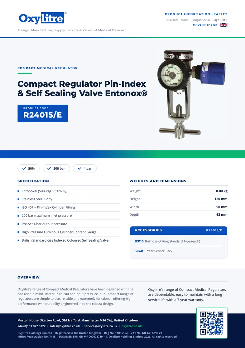 Front page of the Oxylitre R24015-E product leaflet