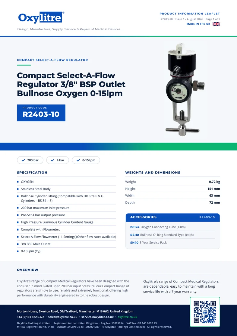 Front page of the Oxylitre R2403-10 product leaflet