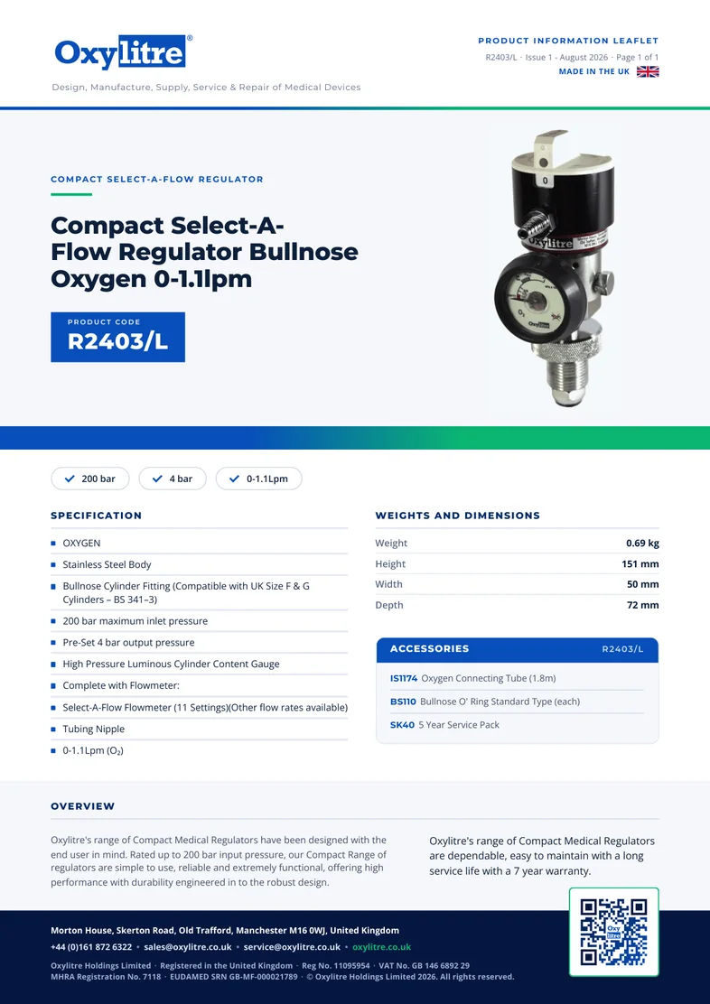 Front page of the Oxylitre R2403-L product leaflet