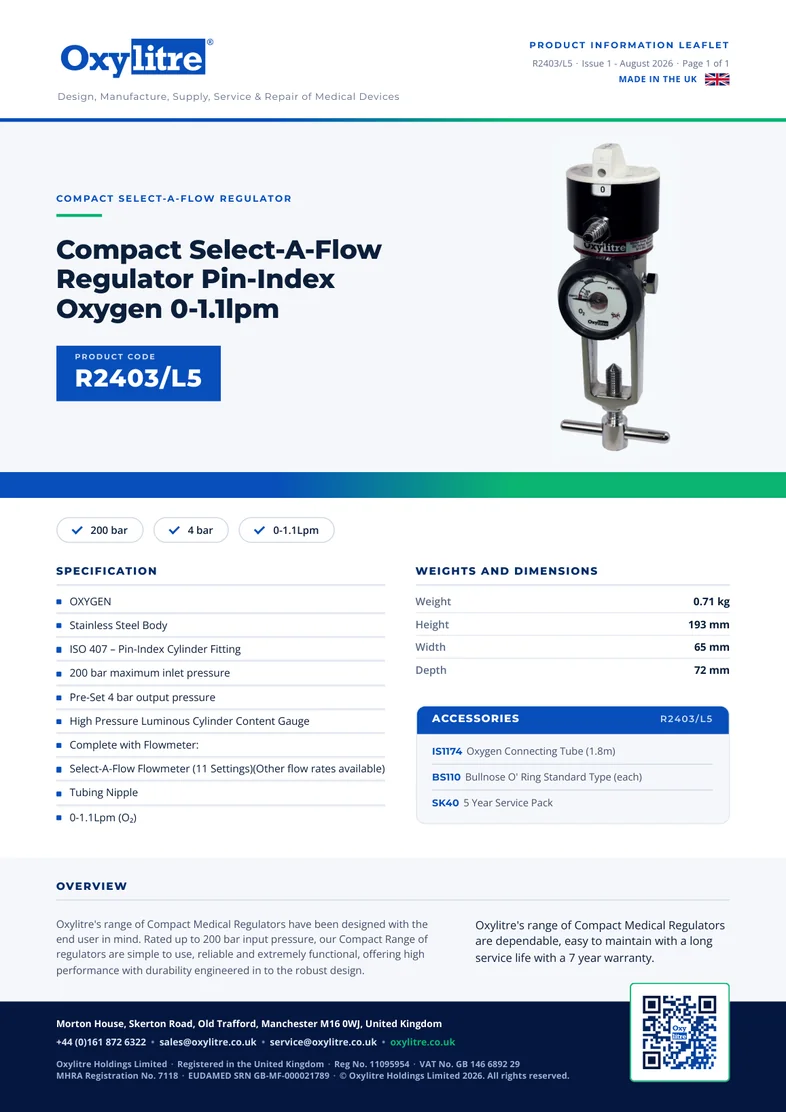 Front page of the Oxylitre R2403-L5 product leaflet
