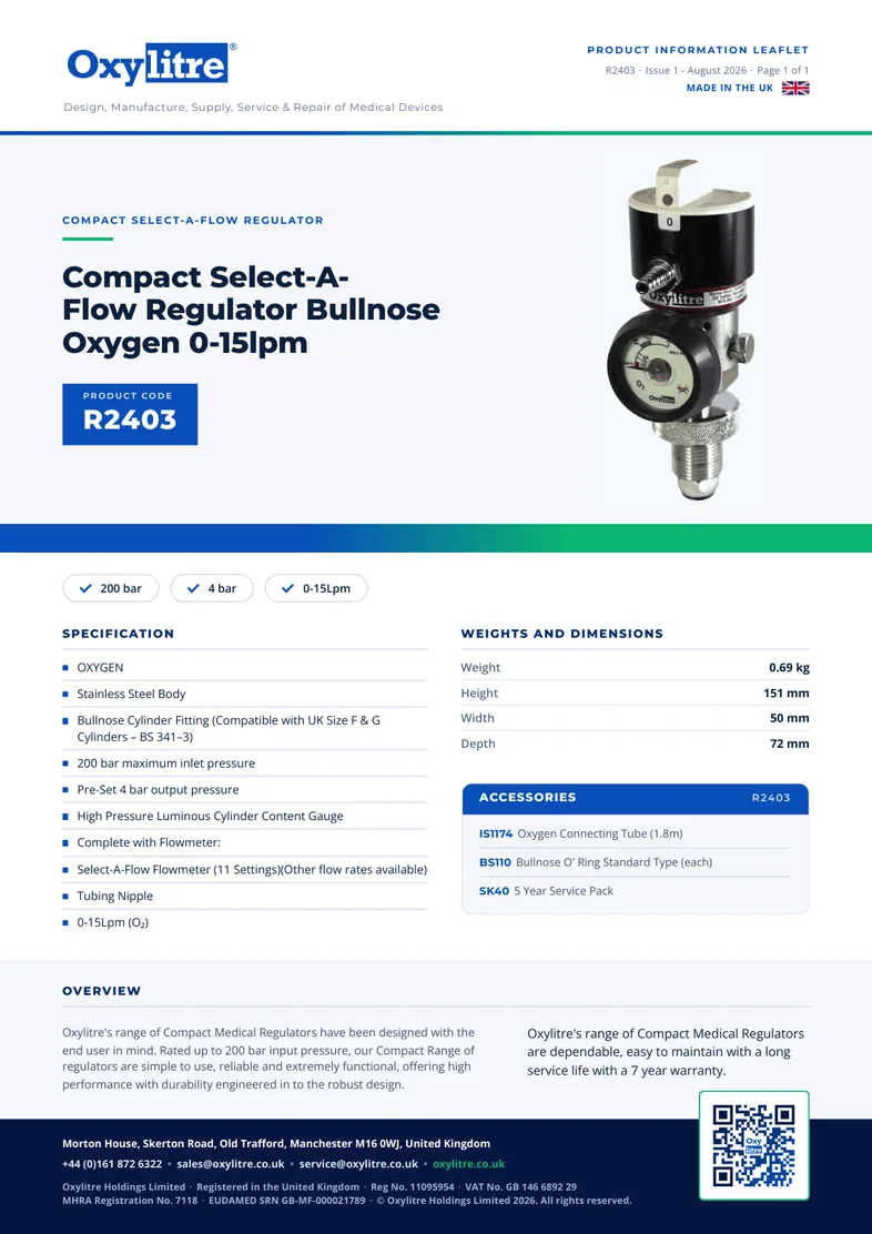 Front page of the Oxylitre R2403 product leaflet