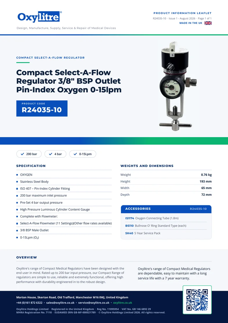 Front page of the Oxylitre R24035-10 product leaflet