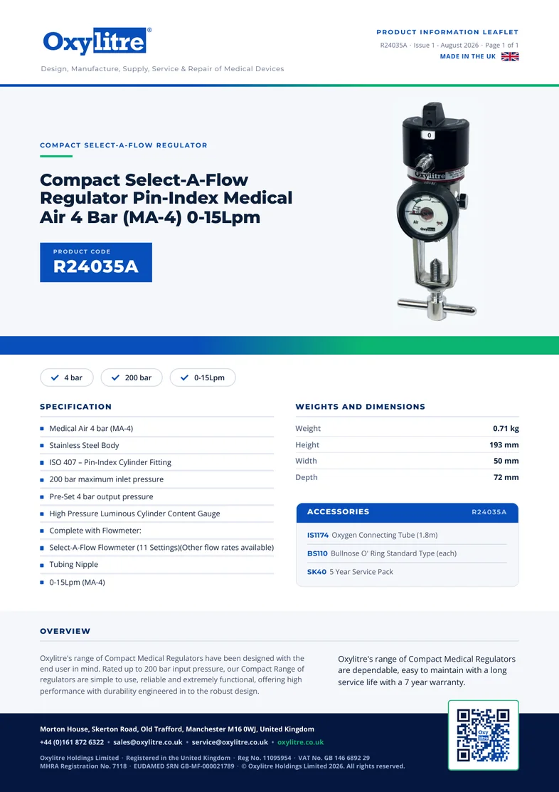 Front page of the Oxylitre R24035A product leaflet