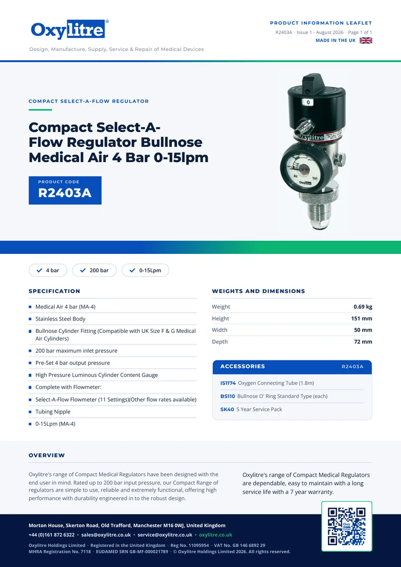 Front page of the Oxylitre R2403A product leaflet