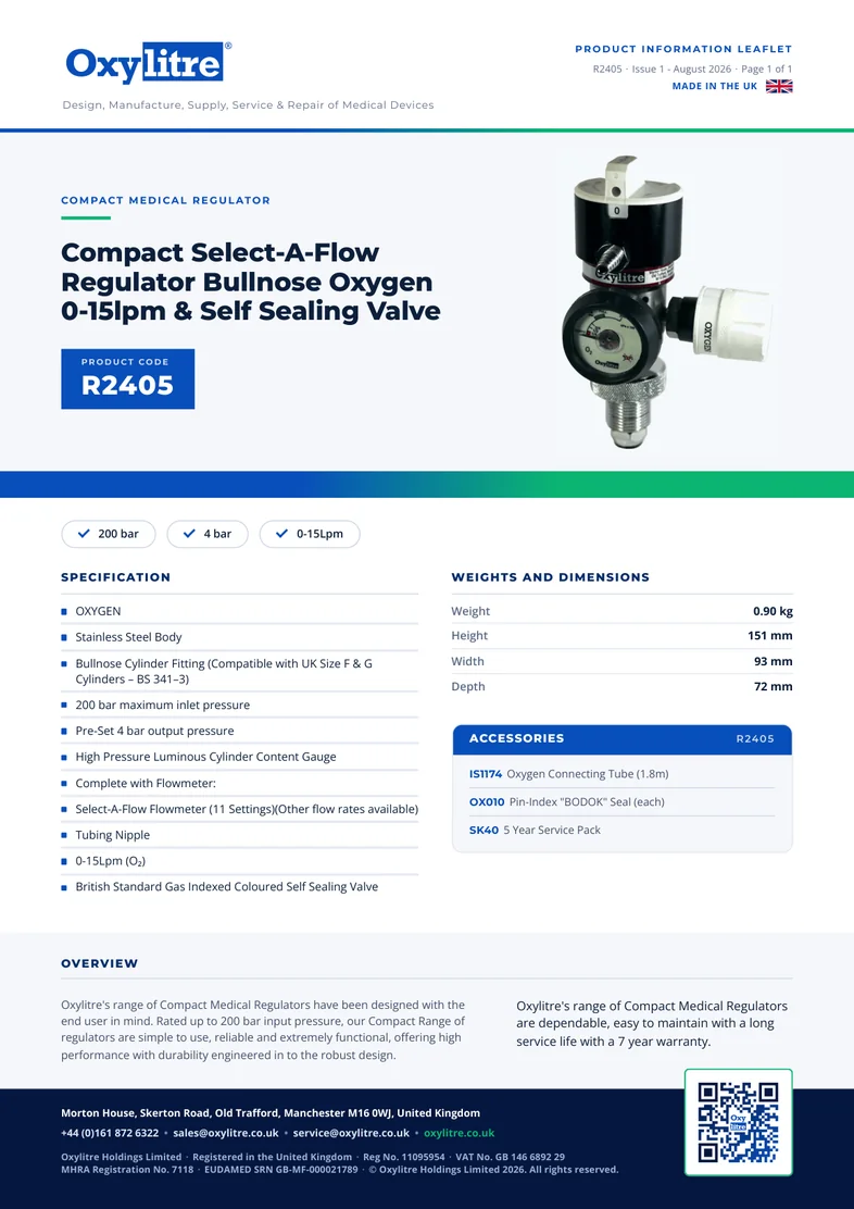 Front page of the Oxylitre R2405 product leaflet