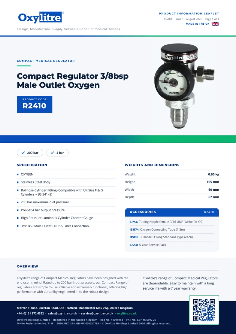 Front page of the Oxylitre R2410 product leaflet