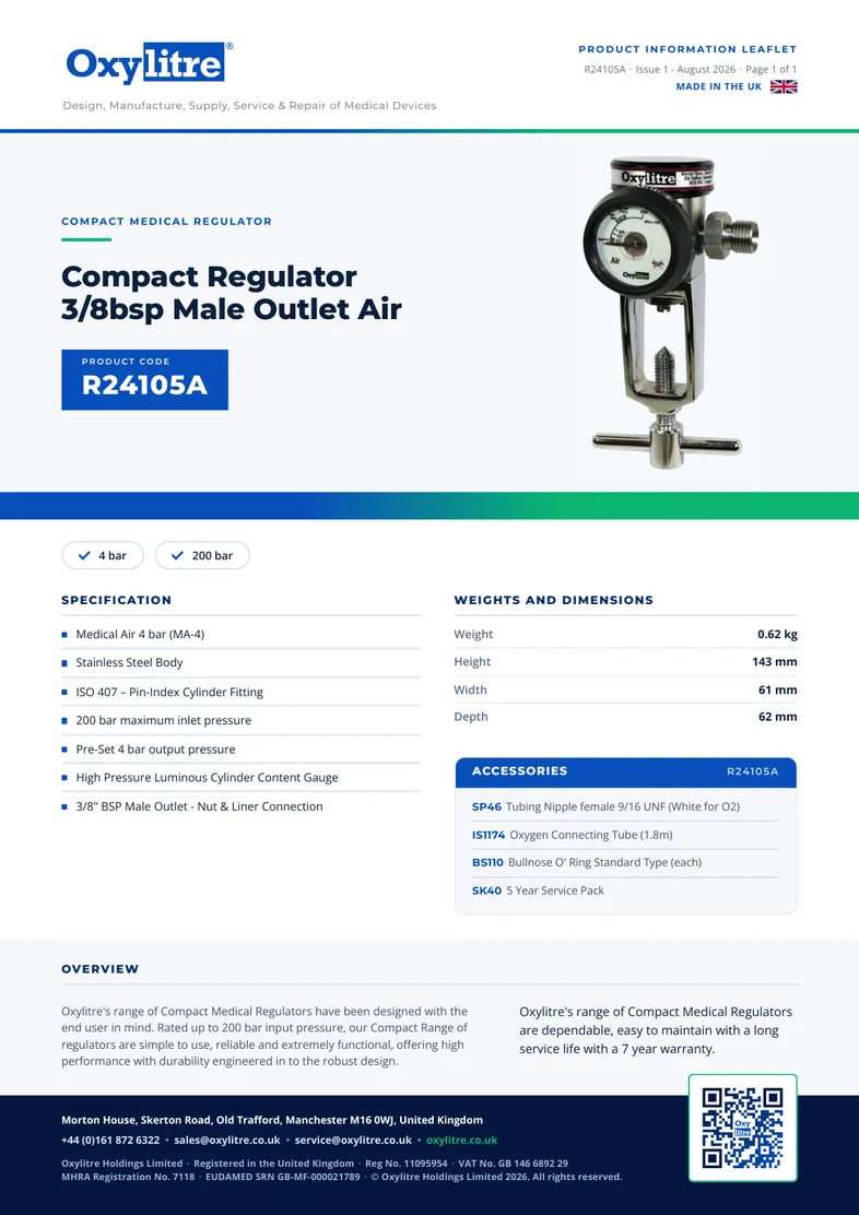 Front page of the Oxylitre R24105A product leaflet