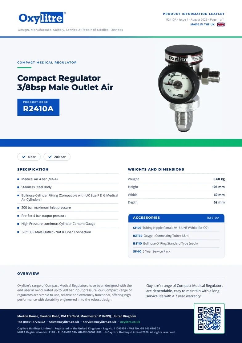 Front page of the Oxylitre R2410A product leaflet