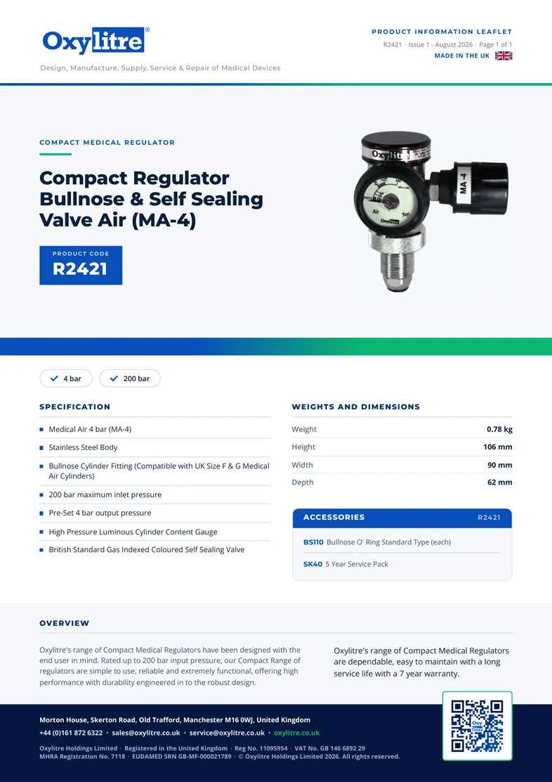 Front page of the Oxylitre R2421 product leaflet