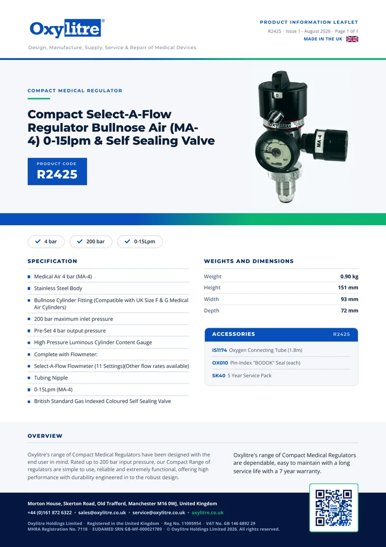 Front page of the Oxylitre R2425 product leaflet