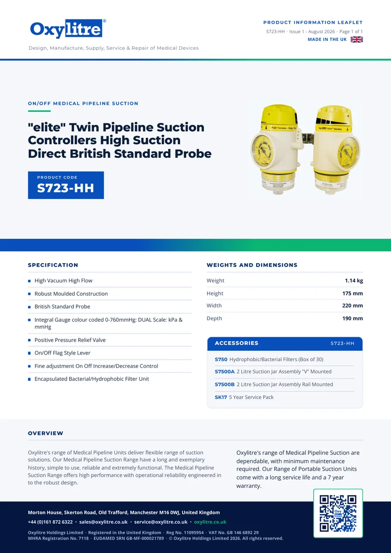 Front page of the Oxylitre S723-HH product leaflet