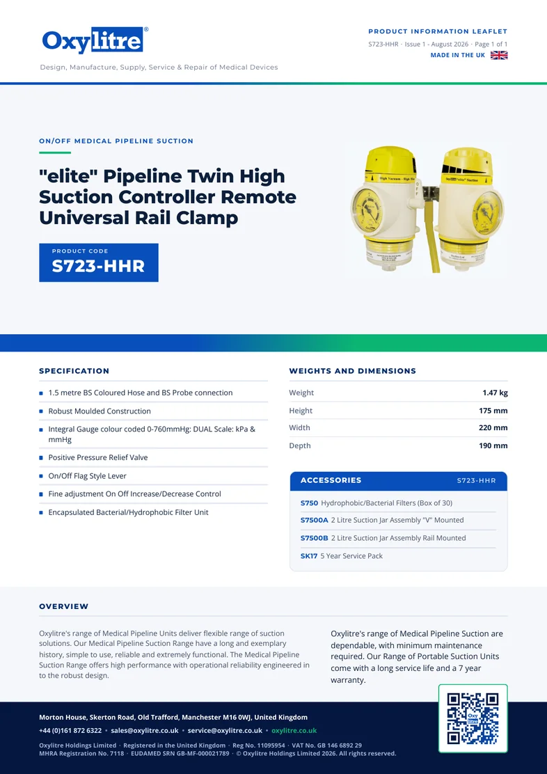 Front page of the Oxylitre S723-HHR product leaflet