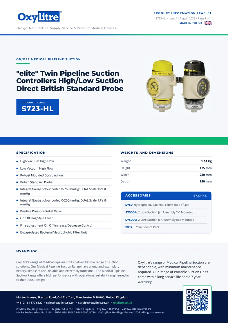 Front page of the Oxylitre S723-HL product leaflet